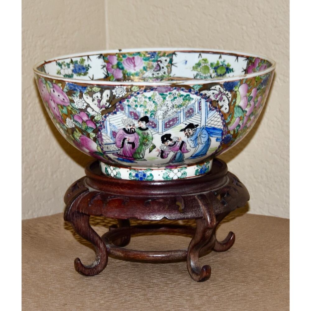 Vintage Famille Rose/Rose Medallion Porcelain Bowl on Rosewood Stand